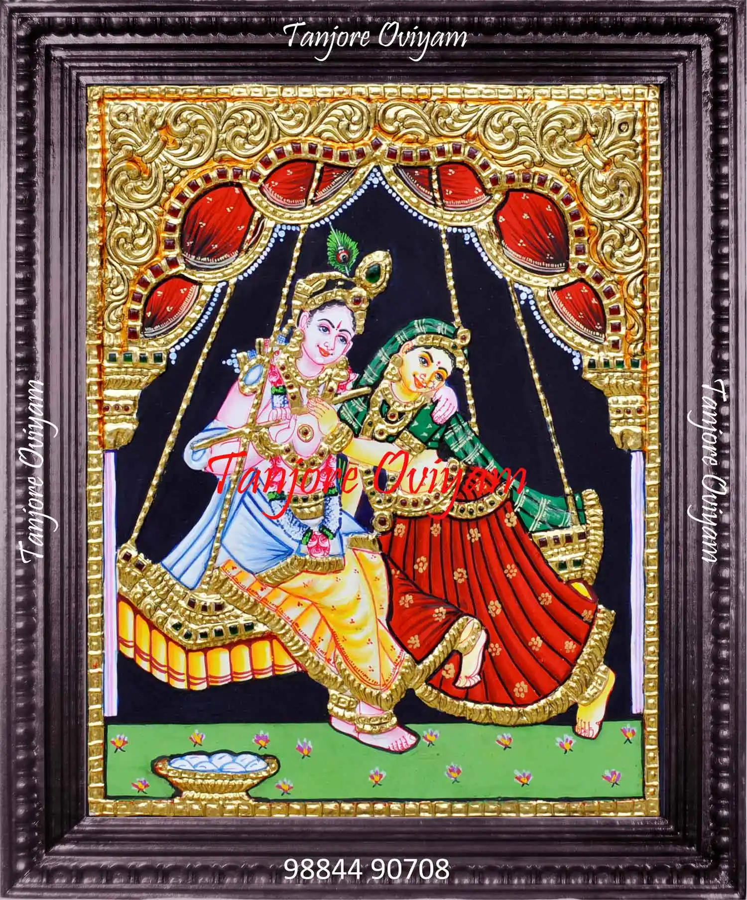Jhula Radha Krishna Tanjore painting with swing leela design, gold and traditional detailing